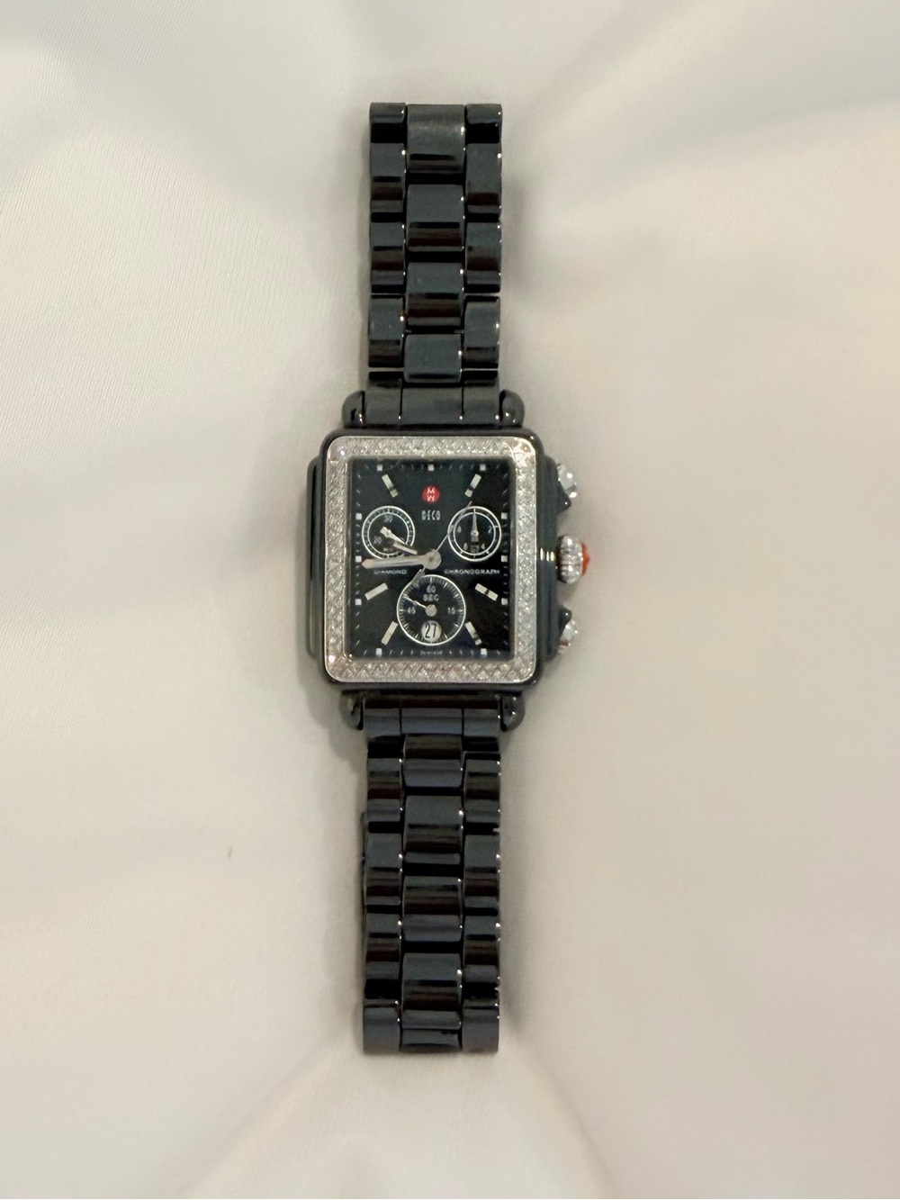 Michele Black Ceramic Square Chronograph with Diamond Bezel and Black Dial